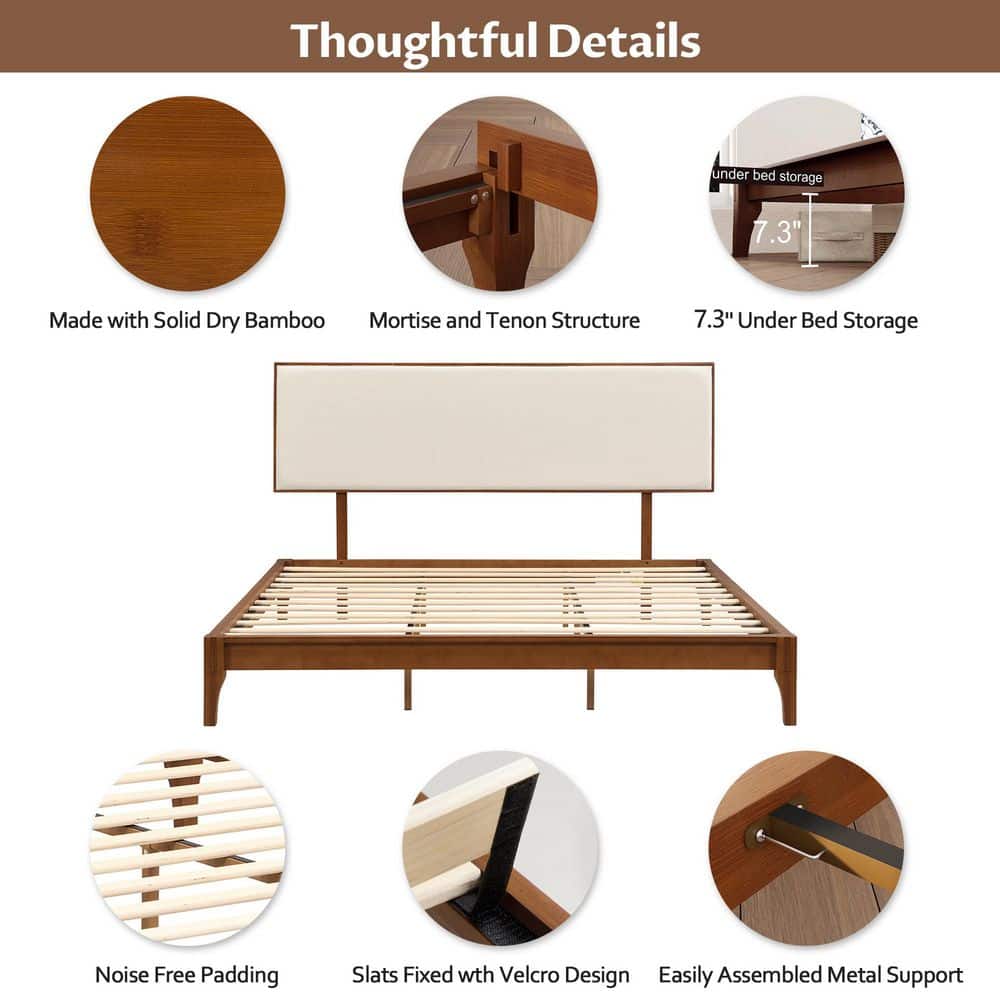 Brown Solid Dry Bamboo Wood Frame King Platform Bed with Adjustable Headboard, Easy Assembly Mortise and Tenon Joint - thumbnail 6