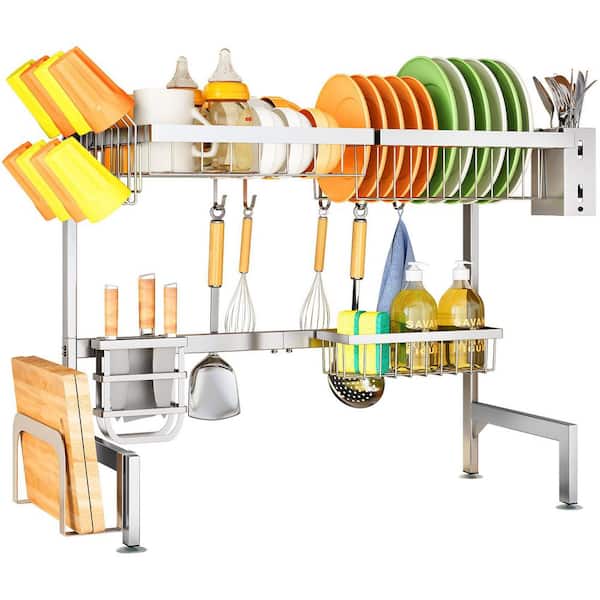 Over The Sink Extendable Drainer Drying Dish Rack in Silver with Adjustable Basket, Utensil Holder and Sponge Holder