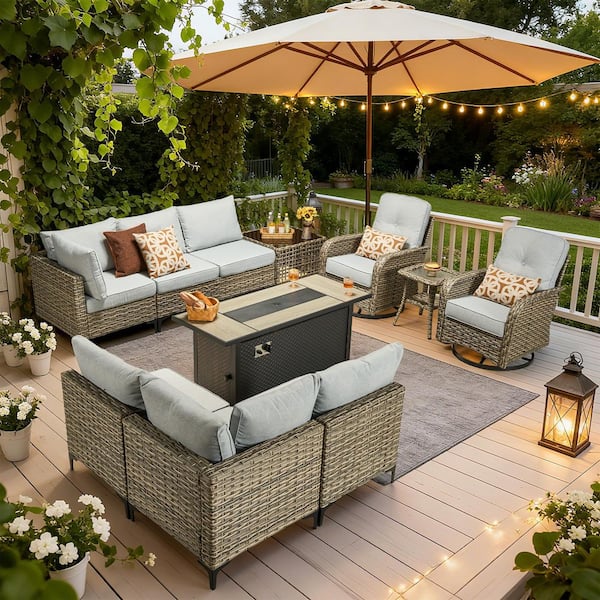 home.depot outdoor patio umbrellas and fire pit chairs HOOOWOOO Furniture with Large Table,High Back 6 Piece Wicker Patio Conversation Set with Swivel Chairs,7 Person Couch Sofa Seating,Light Gray : Patio, Lawn & Garden This fantastic set includes comfy gray cushions The 5 Best Patio Umbrellas,