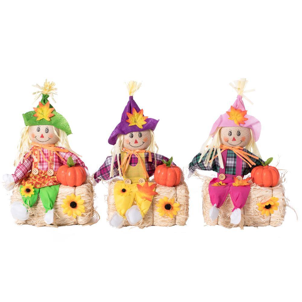 Gardenised Outdoor Fall Decor Halloween Scarecrow for Garden Ornament  Sitting on Hay Bale, Straw Multicolor, Set of 3,16 in. QI004088