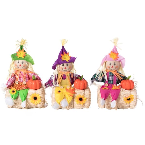 18 in. Sitting on Straw, Hay Bales Multicolor Trio Scarecrows for Halloween,Fall and All Season Garden Decor