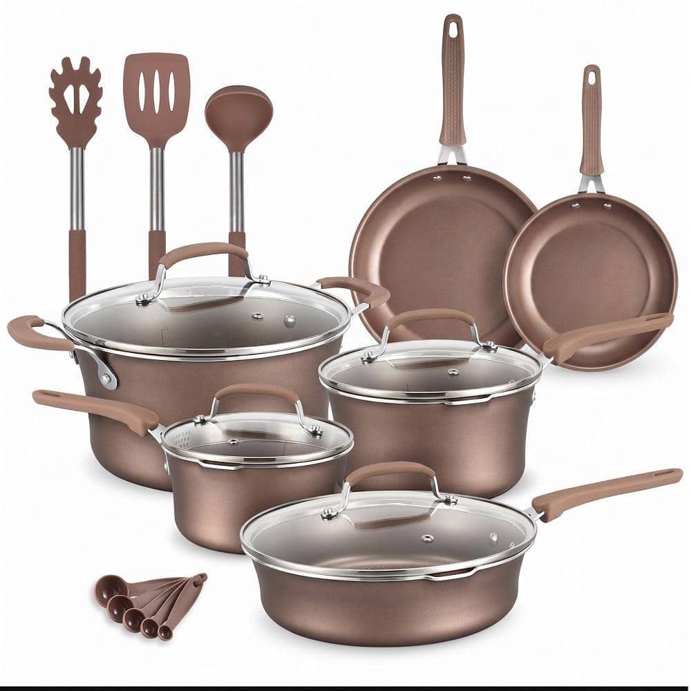 BakkenMaster 14-Piece Gold Aluminum Nonstick Cookware Set with Pots and Pans