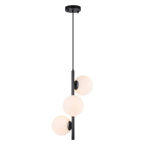Matte Black 3-Light Globe Pendant Light, Modern Vertical Linear Ceiling Fixture with Opal Glass for Dining Room Kitchen