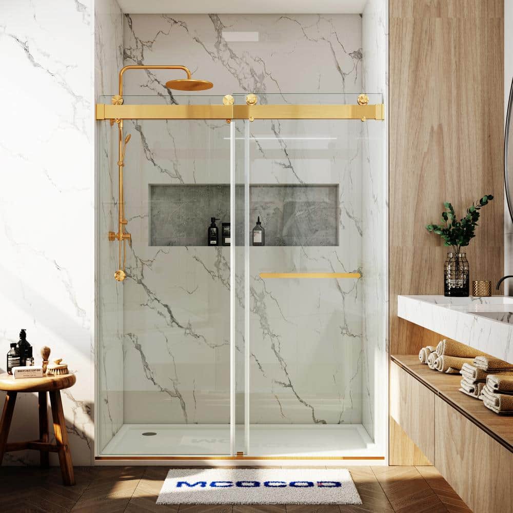 61-66.75 in. W x 76 in. H Double Sliding Frameless Soft Close Shower Door in Brushed Gold with 3/8 in. Clear Glass price history on PriceWatchPro