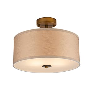 15 in. 2-Light Modern Brown Semi-Flush Mount Ceiling Light with Linen Lampshade