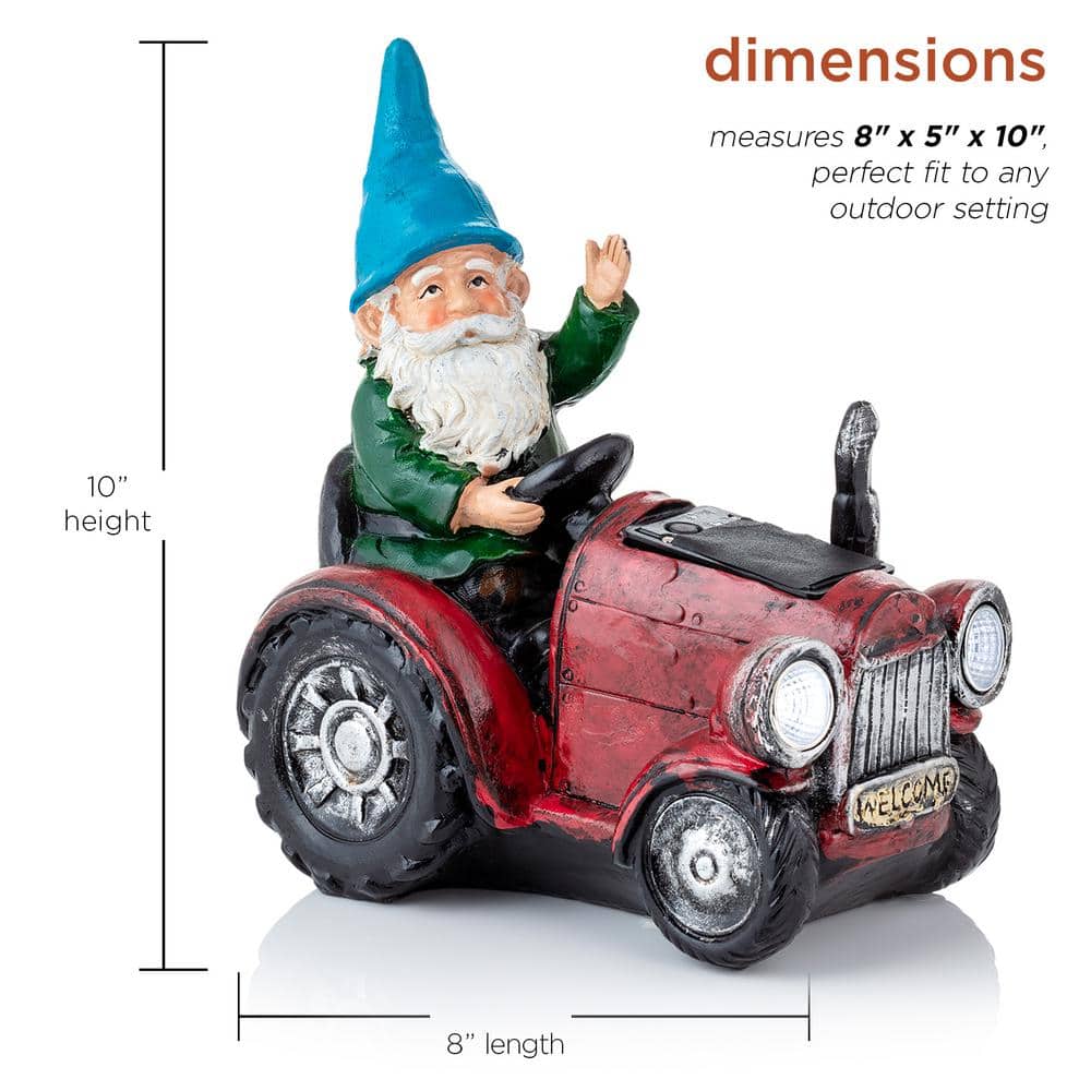 10" Red Polyresin Tractor Riding Gnome with LED Lights