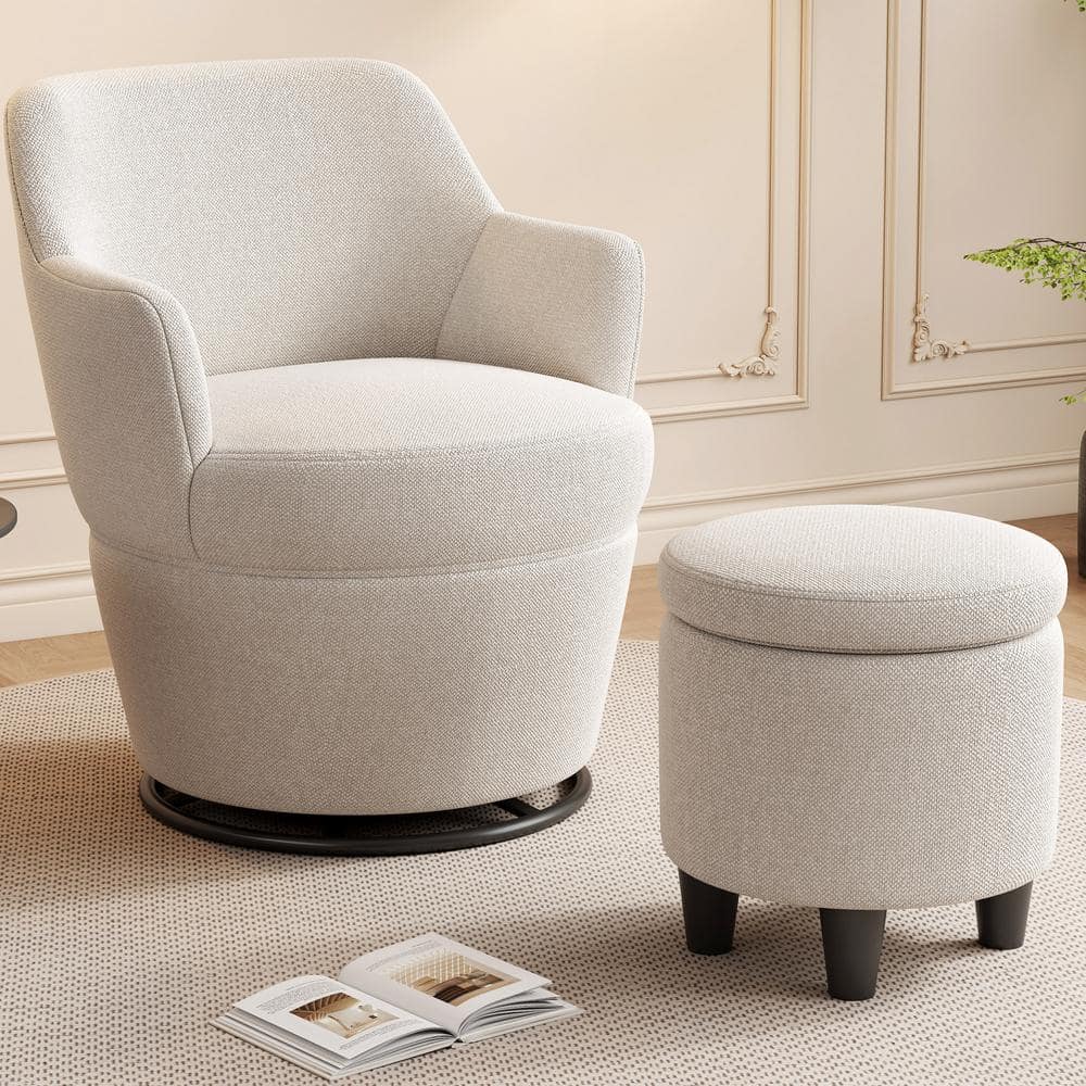 Beige Cotton Linen Armchair,360°Swivel Accent Chair with Ottoman,Lounge So