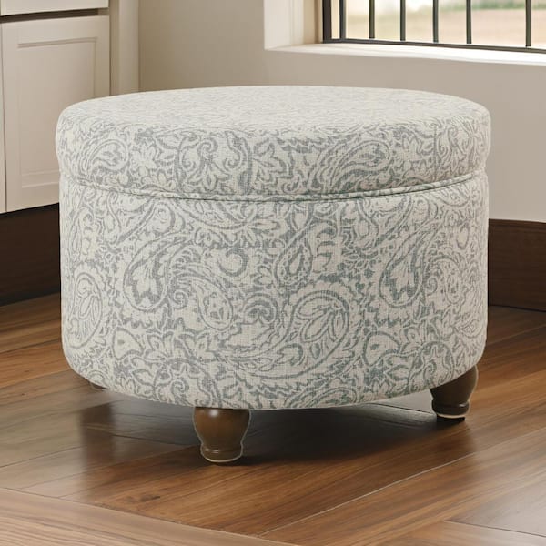 Benjara Gray and Cream Fabric Round Storage Ottoman Medium