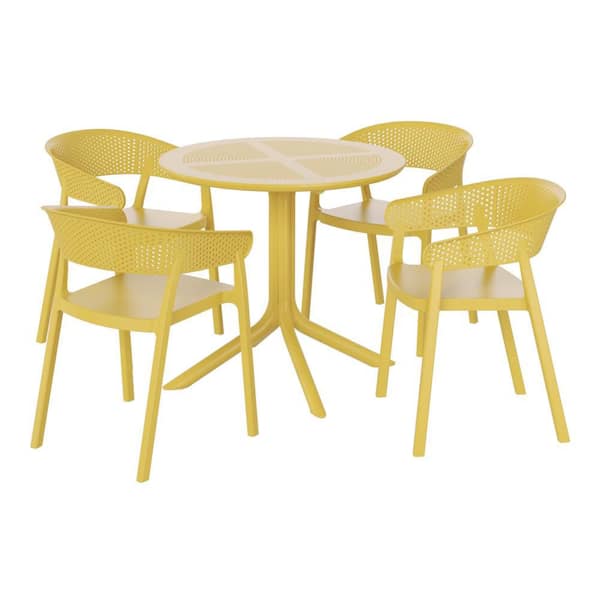 Frond and Form Modern Outdoor Patio Poly Plastic 5-Piece Round Table Dining Set with 4 Stackable Chairs in Yellow