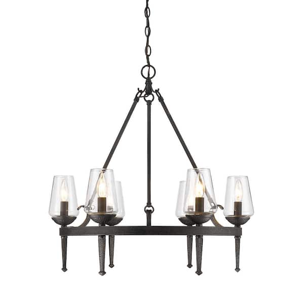 Golden Lighting Marcellis 6-Light Dark Natural Iron Chandelier with Clear Glass Shade