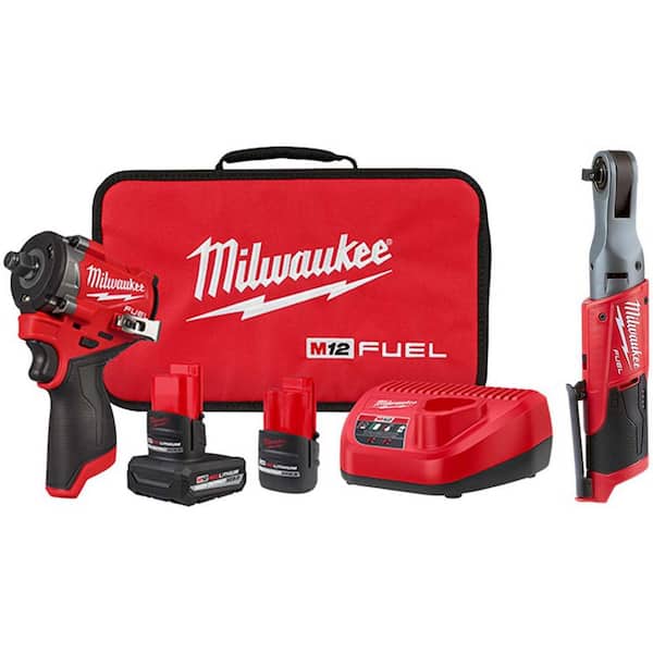 M12 FUEL 12V Li-Ion Brushless Cordless Stubby 1/2 in. Impact Wrench Kit w/(2) Batteries & 3/8 in. Ratchet