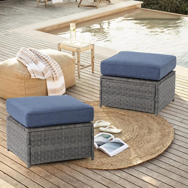 Freestyle 2-Piece Wicker Grey Outdoor Patio Ottomans with Blue Cushion