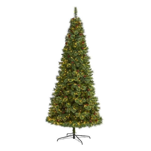 Nearly Natural 9 ft. Pre-Lit White Mountain Pine Artificial Christmas Tree with 650 Clear LED Lights and Pine Cones