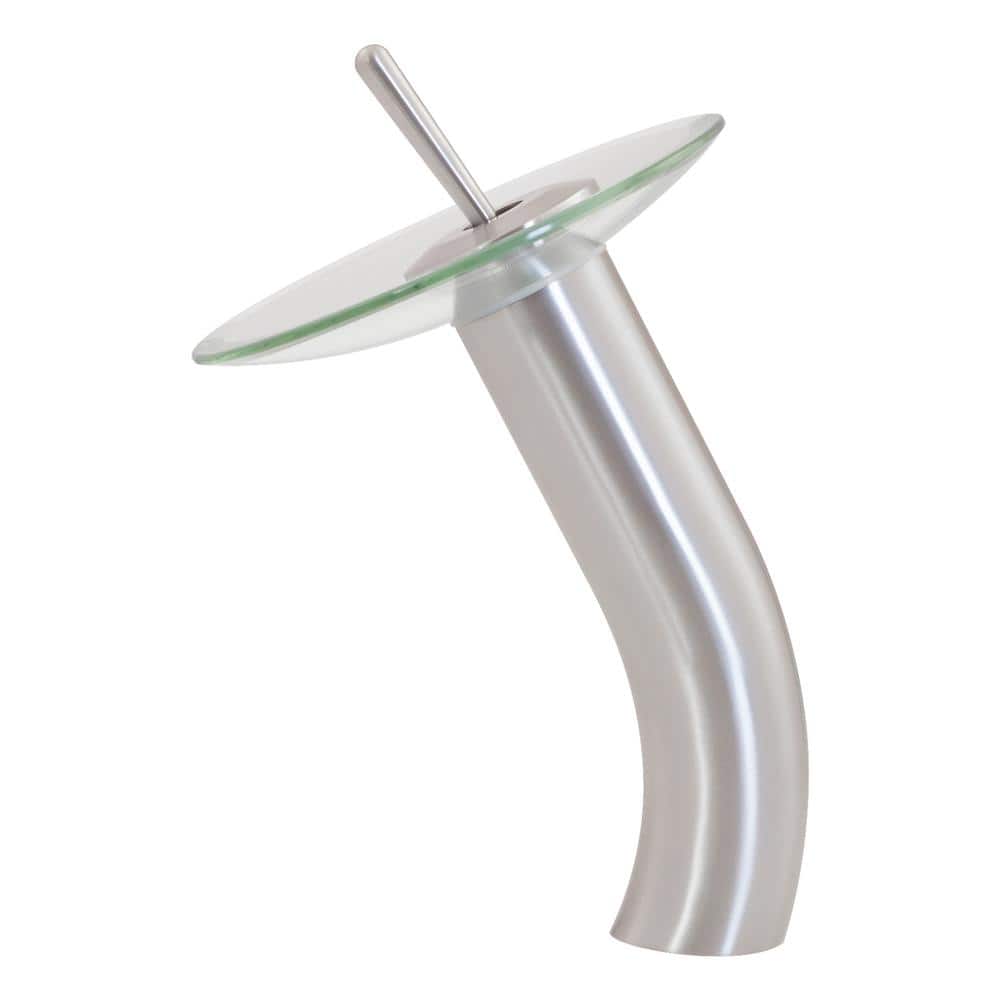 Brushed Nickel Single Handle Waterfall Vessel Sink Faucet with Clear Glass Disc
