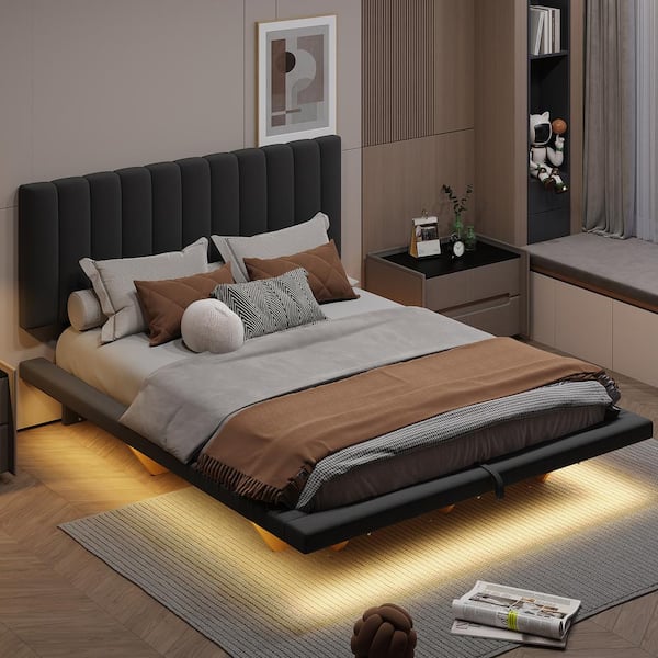 Harper & Bright Designs Floating Gray Wood Frame Queen Velvet Upholstered Platform Bed with Under-Bed LED Light, Hydraulic Storage, USB Port