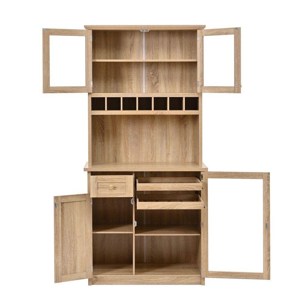 Full view of the wooden buffet with glass doors and shelving.