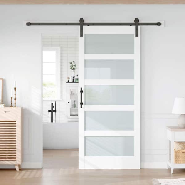 Unbranded 38 in. x 84 in. 5-Lite Frosted Glass White Finished MDF Sliding Barn Door with Hardware Kit