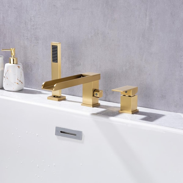 Single-Handle Roman Tub Faucet with Hand Shower 3-Hole Bathroom Waterfall Bathtub Faucet in Brushed Gold