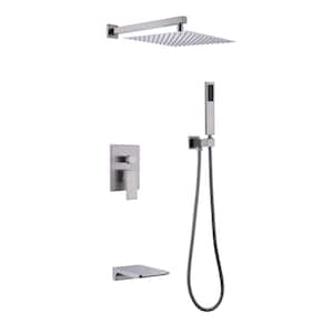 3-Spray Wall Mounted Square Rainfall Pressure Balanced Complteted Shower System with Rough-in Valve in Brushed Nickel
