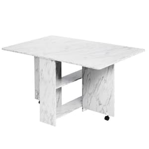 55.1 in. Rectangle White Marble Wood Folding Dining Table Drop Leaf Table with 2-Tier Racks with Wheels (Seats 6)