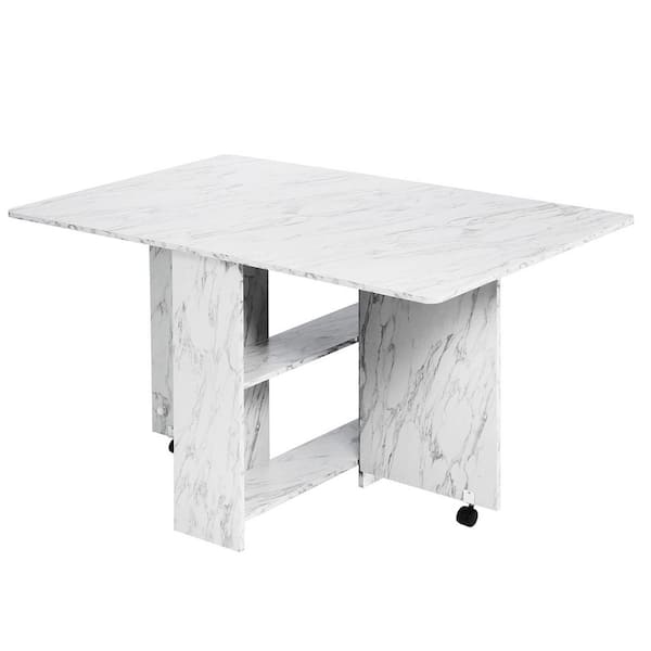 Dinaza 55.1 in. Rectangle White Marble Wood Folding Dining Table Drop Leaf Table with 2-Tier Racks with Wheels (Seats 6)