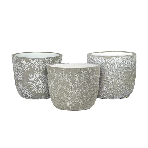 CHG CLASSIC HOME & GARDEN Flora 6 in. Gray Cement Planters with White Interior Assorted (Set of 3)