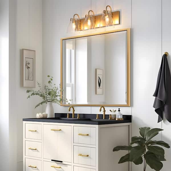 22 in. 3-Light Gold Bath Vanity Light with Bell Clear Glass Shades Modern Powder Room Wall Light, LED Bulb Compatible