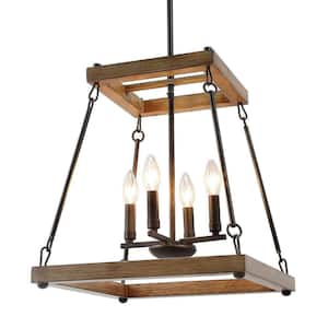 Eniso Industrial Black Candlestick Chandelier with Open Cage Shade Farmhouse Island Chandelier with Faux Wood Grain