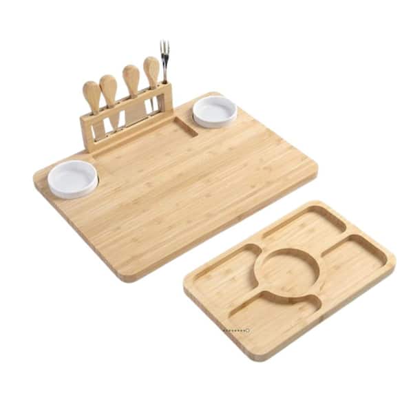 Adrinfly 11 in. Natural Bamboo Charcuterie Cheese Board Set with Magnetic Knife, Removable Knife Block and Ceramic Bowls