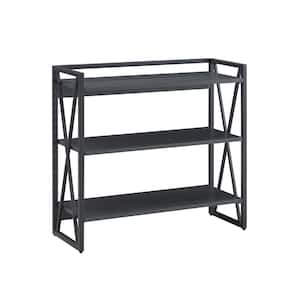 32 in. W Gray Herringbone/Matte Black Mixed Metal and Wood X Design 3-Shelf Bookcase