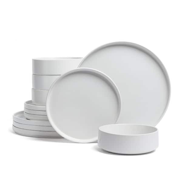 Stackable 12-Piece Semi-Matte White Hand-Finished Stoneware Dinnerware Set, Service for 4