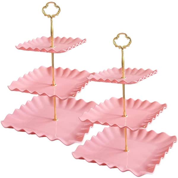 2-Pack 3-Tier Pink Plastic Square Cake and Cupcake Stand Tower with Gold Accent Rods Cake & Tiered Stands