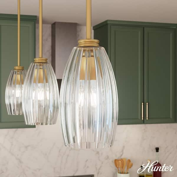 Hunter Rossmoor 60-Watt 1-Light Luxe Gold Island Mini Pendant Light with Bell Glass Shade, No Bulbs Included