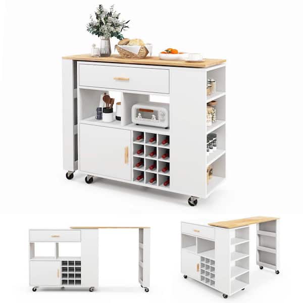 Dropship Multipurpose Kitchen Cart Cabinet With Side Storage Shelves,Rubber  Wood Top, Adjustable Storage Shelves, 5 Wheels, Kitchen Storage Island With  Wine Rack For Dining Room, Home,Bar,White to Sell Online at a Lower