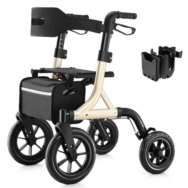 4-Wheel Rollator Walker with Seat, 12 in. Big Rubber Wheels All Terrain Rollator in Gold, Foldable with Backrest