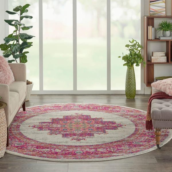 Passion Ivory/Fuchsia 8 ft. x 8 ft. Bordered Transitional Round Rug