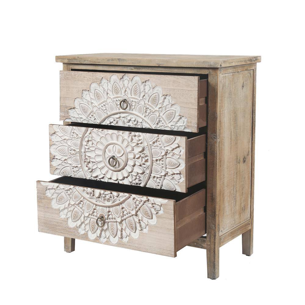 Whitewashed Carved Medallion 3-Drawer Accent Chest in Natural Wood