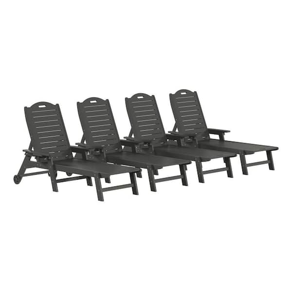 Brighton Outdoor Patio Gray Poly Plastic Set of 4 Reclining Chaise Lounge Cup Holder Pool Chairs w/ Wheels