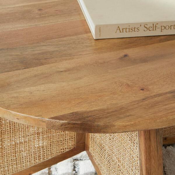 Lisbon 34 in. Natural Round Cane Rattan & Mango Wood Coffee Table
