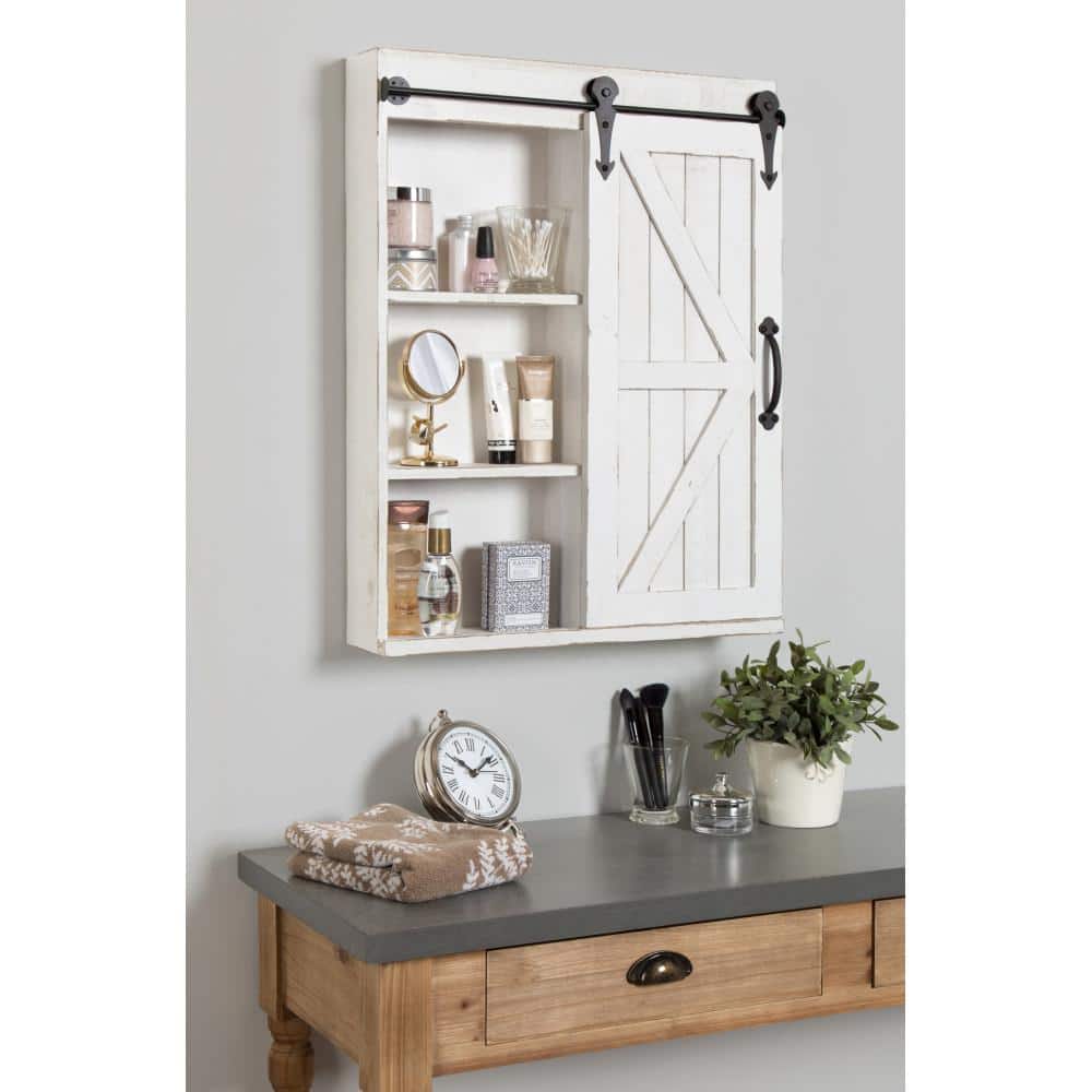 Rustic White Wood Wall Storage Cabinet with Sliding Barn Door and Mirror