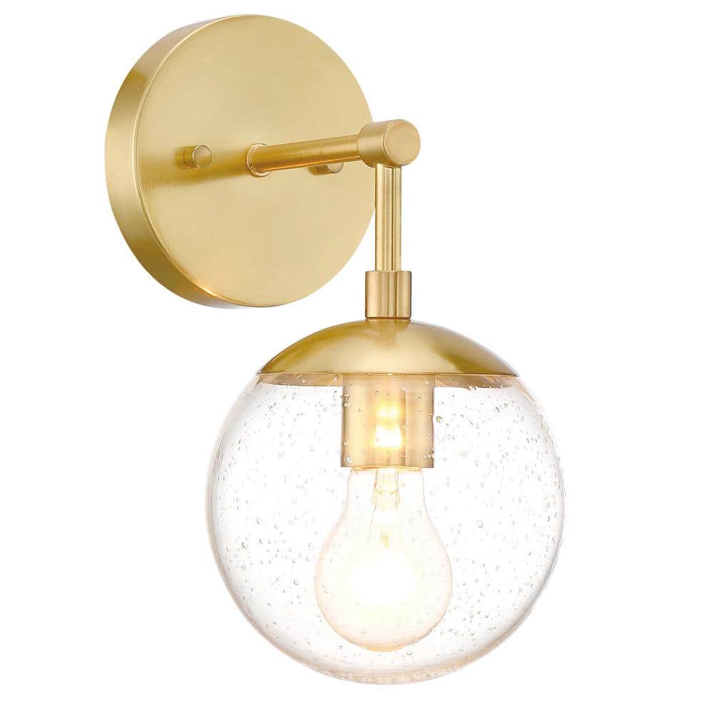 Satin Gold Dimmable Wall Light with Seedy Glass Shade