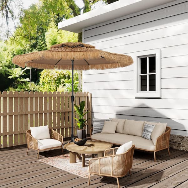 9 ft. Thatched Tiki Beach Umbrella 2-Tier Patio Umbrella with Crank in Natural Color