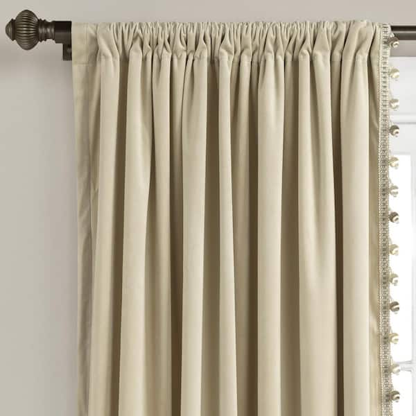 Lush Decor Luxury Vintage Velvet and Sheer with Border Pompom Trim Window Curtain Panel Single - 84 x 42 - Ivory/Ivory