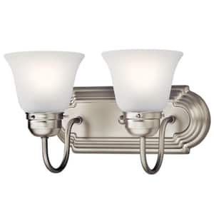 Independence 12.25 in. 2-Light Brushed Nickel Traditional Bathroom Vanity Light with Frosted Glass Shade