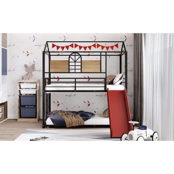 Qualfurn Red Twin Over Metal House, Basketball Bunk Bed With Slide