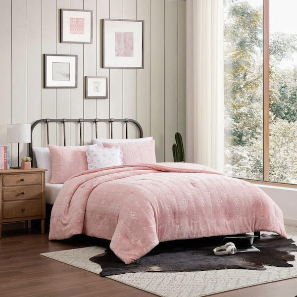 Steer Head Stripe Reversible Solid 3-Piece Pink Plush Fleece Tw/Twxl Comforter Set