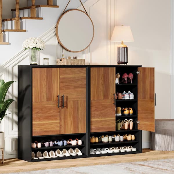 Lauren 43 in. H x 29 in. W Brown and Black Engineered Wood 6-Tie Shoe Storage Cabinet with Adjustable Shelves for Closet