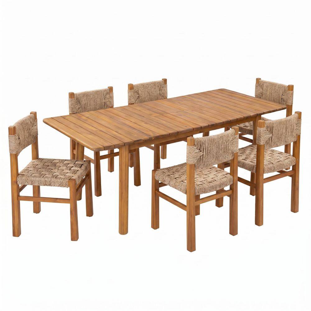 Benzo 7-Piece Teak Finish Acacia Wood Patio Outdoor Dining Set with Expandable Table and Light Brown Wicker Chairs price history on PriceWatchPro