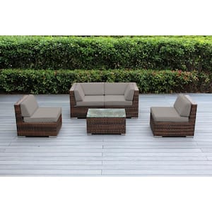 Ohana Mixed Brown 5-Piece Wicker Patio Seating Set with Sunbrella Taupe Cushions