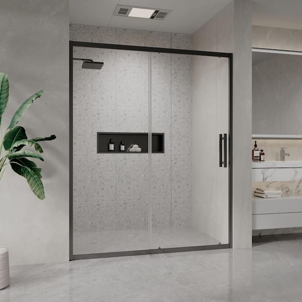 56-60 in. W x 72 in. H Sliding Framed Shower Door in Matte Black with Nano-Coated Tempered Glass and Waterproof Seal